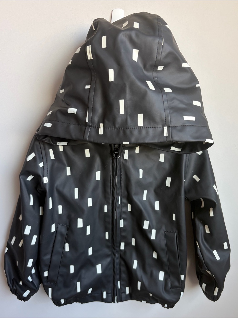 Miles the Label Kids Black Hooded Rain Jacket with White Rectangle Print